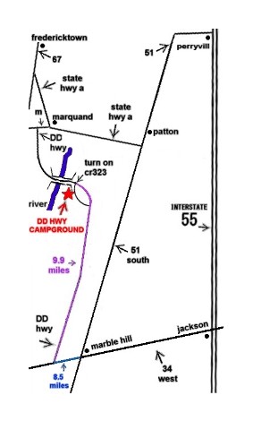 A white background map with black lines and text in black. Fredericktown is in the top left and various other locations are near various roads. Interstate 55 is on the right side running north and south, 34 west is along the sounthern/bottom of the photo connecting Jackson and Marble hill. DD hwy, drawn in purple connects from 34 west and goes north 9.9 miles.